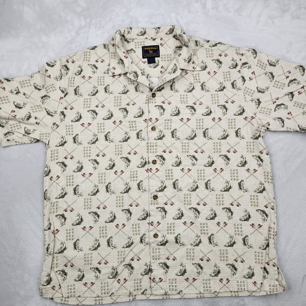 Woolrich Shirt Men Large Beige Cotton Button Up‎ Golf Fly Fishing Angler Adult